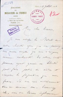 Dandelot, Arthur Eugène; Scrisoare adresată compozitorului George Enescu de către Arthur Eugène Dandelot, secretarul general al Societății Muzicienilor din Franța, Paris, 5 iulie 1901
