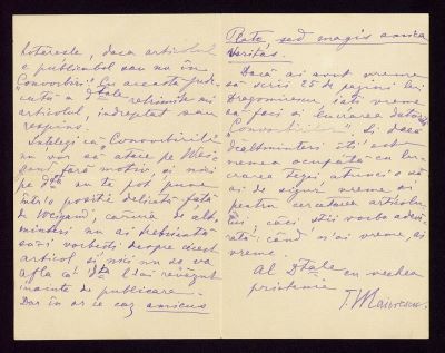 manuscris - Scrisoarea a fost redactată de Titu Maiorescu; Scrisoare datată „26 octombrie / 7 noiembrie 1899“, adresată de Titu Maiorescu lui Ion A. Rădulescu