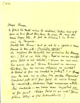 scrisoare - Blaga, Lucian; Blaga îi scrie lui I. Breazu despre noua sa dramă „Cruciada copiilor” și despre premierea la „Meșterul Manole” în Berna