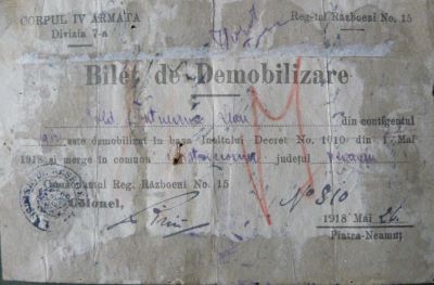 bilet de demobilizare - Corpul IV Armată - Divizia 7-a; Biletul de demobilizare pe numele lui Leon Țuțuianu, din contingentul 1912