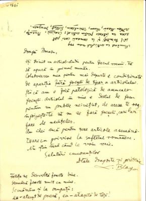 scrisoare - Blaga, Lucian; Blaga îl anunță pe I. Breazu că îi trimite un articol-studiu pentru „Darul vremii”, precum și persoanele la care să trimită nr. cu articolul