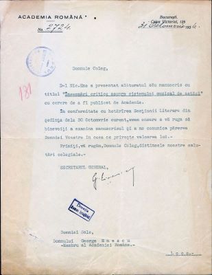 scrisoare - Gheorghe Țițeica; Adresa oficială nr. 2724/31 octombrie 1936, trimisă compozitorului George Enescu de către Gheorghe Țițeica, secretar general al Academiei Române, București, 31 octombrie 1936