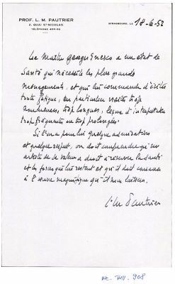L.M. Pautrier; Certificat medical emis de Profesor doctor L.M. Pautrier privind starea de sănătate a lui George Enescu