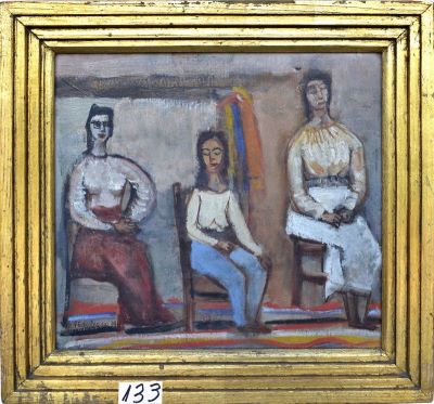 pictură de șevalet - Rădulescu, Magdalena; Așteptare. Trei fete stând pe scaun