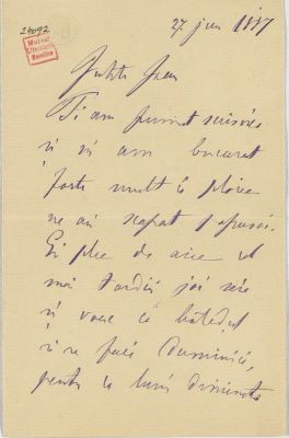manuscris - Scrisoarea a fost redactată de M. Kogălniceanu; Scrisoare adresată de Mihail Kogălniceanu fiului său, Ioan, datată „27 iunie 1887, București”