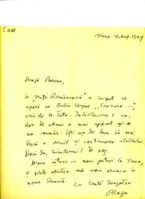 scrisoare - Blaga, Lucian; Blaga îl roagă pe Breazu să-i trimită studiul lui N. Tatu despre „Cenzura transcedentală”