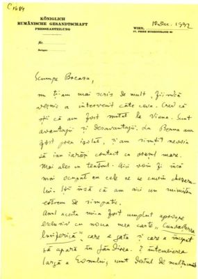 scrisoare - Blaga, Lucian; Blaga îi scrie lui Breazu de la Legația română din Viena despre noile sale proiecte: „Cunoașterea luciferică” și drama „Avram Iancu”