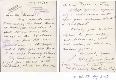Ethel Harned Smith; scrisoare trimisă de Ethel Harned Smith lui George Enescu