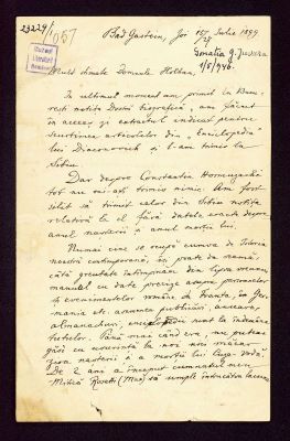 manuscris - Scrisoarea a fost redactată de Titu Maiorescu; Scrisoare datată „Joi, 15/27 iulie 1899, Bad Gastein“, adresată de Titu Maiorescu lui Alexandru D. Holban