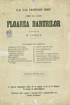 document - Revista „Floarea darurilor“ este fondată de Nicolae Iorga; Extras al Prospectului care anunță apariția primului număr al revistei „Floarea darurilor“, 1 ianuarie 1907, alcătuită de N. Iorga
