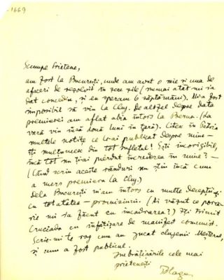 scrisoare - Blaga, Lucian; Blaga îi scrie lui Breazu despre vizita la București și îi mulțumește pentru articolele din „Patria”, despre el