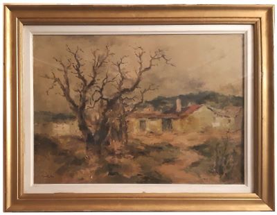 Pictură de șevalet - Bălțatu, Adam; Peisaj cu casă de țară și un copac uscat