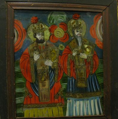 icoană pe sticlă; Sf. Nicolae și Vasile