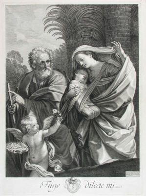 gravură - Poilly, François de, zis cel Bătrîn; (SC.); Reni, Guido; (PX.); [Sf. Familie în timpul fugii în Egipt]