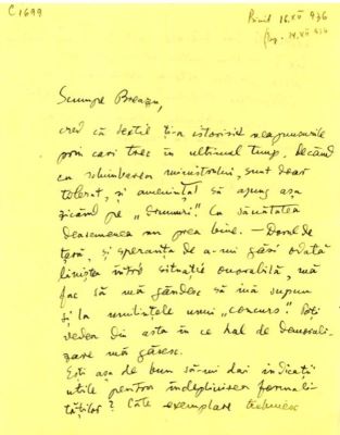 scrisoare - Blaga, Lucian; Blaga îi scrie lui Breazu despre iminenta sa întoarcere în țară și supunerea la „umilințele unui concurs”