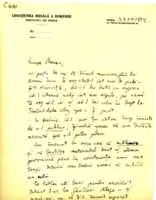 scrisoare - Blaga, Lucian; Blaga îi scrie lui Breazu ca îi trimite manuscrisul piesei „Avram Iancu” pentru Teatrul din Cluj și că va veni la premieră
