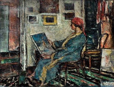 pictură de șevalet - Petrașcu, Gheorghe; Interior cu femeie privind un tablou (Lucreția Petrașcu)