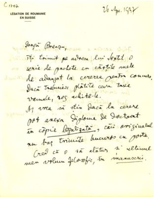 scrisoare - Blaga, Lucian; Blaga către I. Breazu