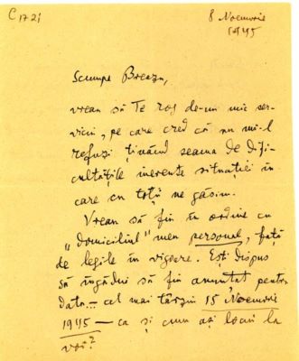 scrisoare - Blaga, Lucian; Blaga îl roagă pe Breazu să-l primească în domiciliu, la Cluj, până la 15 noiembrie 1945