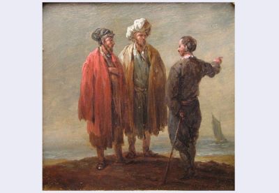 pictură de șevalet; La malul mării ; pandant: Țăran și doi călugări