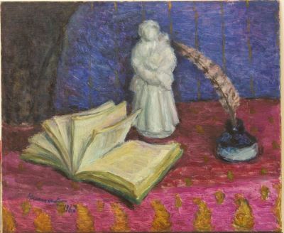 pictură de șevalet - Avakian, Hrandt; Natură moartă cu statuetă de porțelan și carte