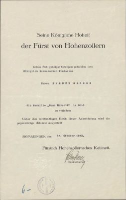 Cabinetul Prințului de  Hohenzollern; Brevet medalie „Bene Merenti” pentru George Enescu la data de 16 octombrie 1933
