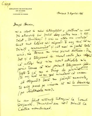 scrisoare - Blaga, Lucian; Blaga îi scrie lui Breazu despre atacurile lui Duică din „Națiunea”; „Eonul Dogmatic” a fost apreciat de Universitatea din Berna