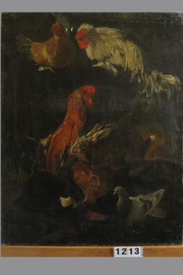 pictură de șevalet - Victors, Jacomo; Păsări domestice și doi iepuri (în registrul inventar: Păsări și iepuri de casă)