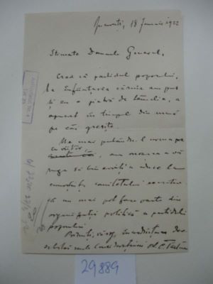  ; Scrisoare de demisie adresată de Octavian C. Tăslăuanu generalului Averescu