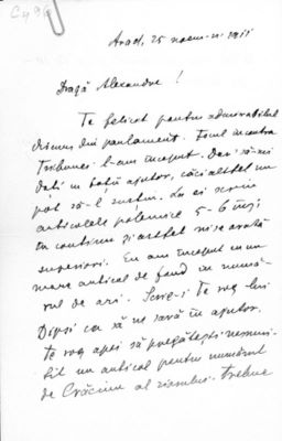 scrisoare cu plic - Goldiș, Vasile; V. Goldiș către A. Vaida Voevod, Arad, 25 noiembrie 1911