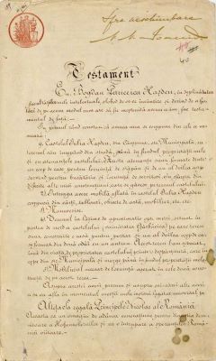 manuscris - Actul a fost redactat în cadrul „Tribunalului Ilfov. Secția de Notariat“; Testamentul întocmit de B.P. Hașdeu pe 23 noiembrie 1906