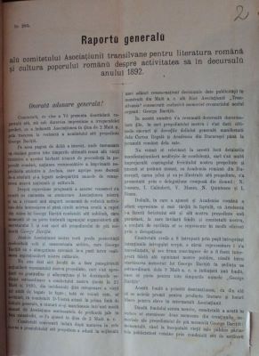Comitetul ASTRA; Raport al comitetului Asociației Transilvane pentru Literatura Română și Cultura Poporului Român (ASTRA) despre activitatea  pe anul 1892