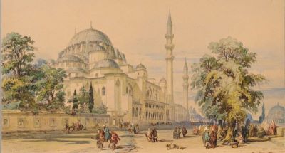 Acuarelă - Preziosi, Amedeo (1816-1882); Piață la Constantinopol (Moscheea Süleymaniye)