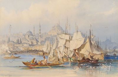 Acuarelă - Preziosi, Amedeo (1816-1882); Peisaj – Portul Istanbul