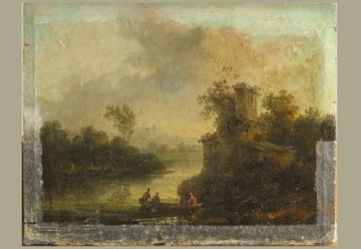 Pictură de șevalet - Brand, Johann Christian; Peisaj cu râu și în dreapta castel cu ruine. Pandant: Peisaj cu râu și în stânga castel cu ruine