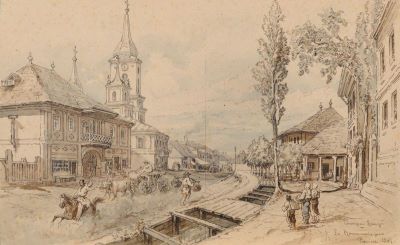 Acuarelă - Preziosi, Amedeo (1816-1882); Peisaj – Bărăția din Câmpulung
