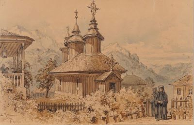 Acuarelă - Preziosi, Amedeo (1816-1882); Mănăstirea Sfântul Gheorghe din Buzău