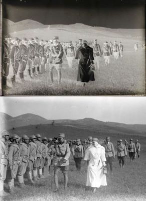 Negativ. Clișeu pe sticlă uscat - Necunoscut; Regele și regina decorând pe front la Valea Ocnei 1917