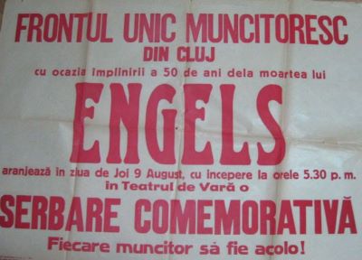 afiș electoral; Frontul Unic Muncitoresc din Cluj cu ocazia împlinirii a 50 de ani de la moartea lui Engels