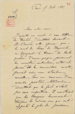 manuscris - Scrisoarea a fost redactată de Mihail Pherekyde; Scrisoarea lui Mihail Pherekyde, ministrul Justiției, către Eugeniu Stătescu, ministrul Afacerilor Străine, datată 19 octombrie 1881, Paris