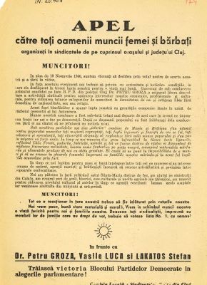 afiș electoral; Apelul pentru alegerile din nov. 1946 de a vota „Soarele”