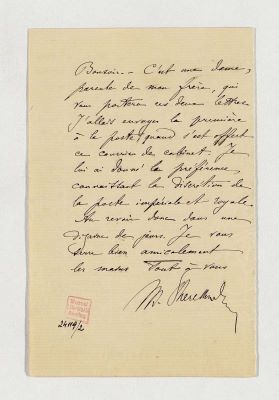 manuscris - Scrisoarea a fost redactată de Mihail Pherekyde; Scrisoarea lui Mihail Pherekyde, ministrul Justiției, către Eugeniu Stătescu, ministrul Afacerilor Străine, datată 19 octombrie 1881, Paris