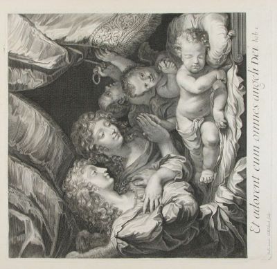 gravură - Edelinck, Gerard; (SC.); Stella, Jacques (PX.); Et adorent eum omnes angeli Dei; (Adorarea copilului Isus)