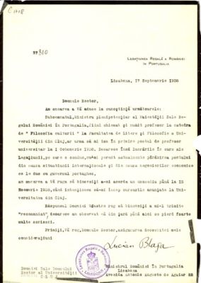Blaga, Lucian; Cerere de concediu a lui Blaga, ministru plenipotențiar al Maiestății Sale Regele României în Portugalia