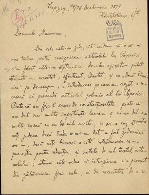 corespondență - Scrisoarea a fost redactată de Ion A. Rădulescu.; Scrisoare datată „14/26 decembrie 1899, Leipzig“, adresată de Ion A. Rădulescu lui Titu Maiorescu