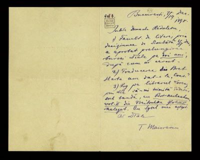manuscris - Scrisoarea a fost redactată de Titu Maiorescu; Scrisoare datată „7/19 decembrie 1898, București”, adresată de Titu Maiorescu lui Ion A. Rădulescu