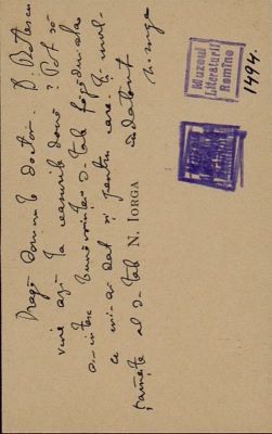 Cartea de vizită a fost redactată de Nicolae Iorga.; Carte de vizită a lui Nicolae Iorga, pe care este notat un mesaj adresat de acesta doctorului Iosif Dona