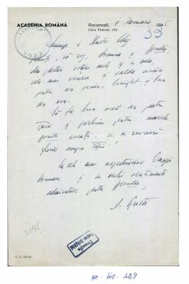 Dimitrie Gusti; Scrisoare de felicitare cu prilejul Anului Nou trimisă maestrului George Enescu de Dimitrie Gusti