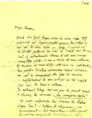 scrisoare - Blaga, Lucian; Blaga îi scrie lui Brezu despre ultimul volum său de versuri „La cumpăna apelor” și despre conferința lui Crainic la radio despre „Eon”