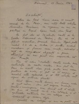 corespondență - Scrisoarea a fost redactată de George E. Mavrodi; Scrisoare datată „13 iunie 1940, București“, adresată de George E. Mavrodi lui Nicolae Iorga.